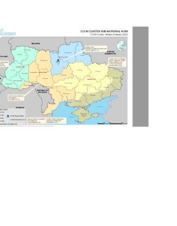 Ukraine: Map of the CCCM Cluster Sub-National Hubs (February 2023)