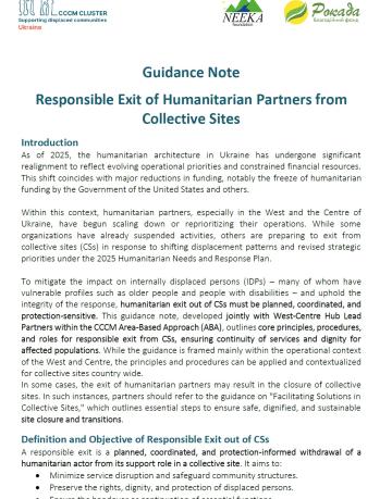 Ukraine: Guidance Note on Responsible Exit of Humanitarian Partners from Collective Sites, May 2025